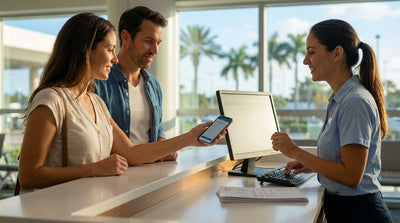 A traveler shows their phone to an agent at a car rental desk in a sunny Florida airport lobby
