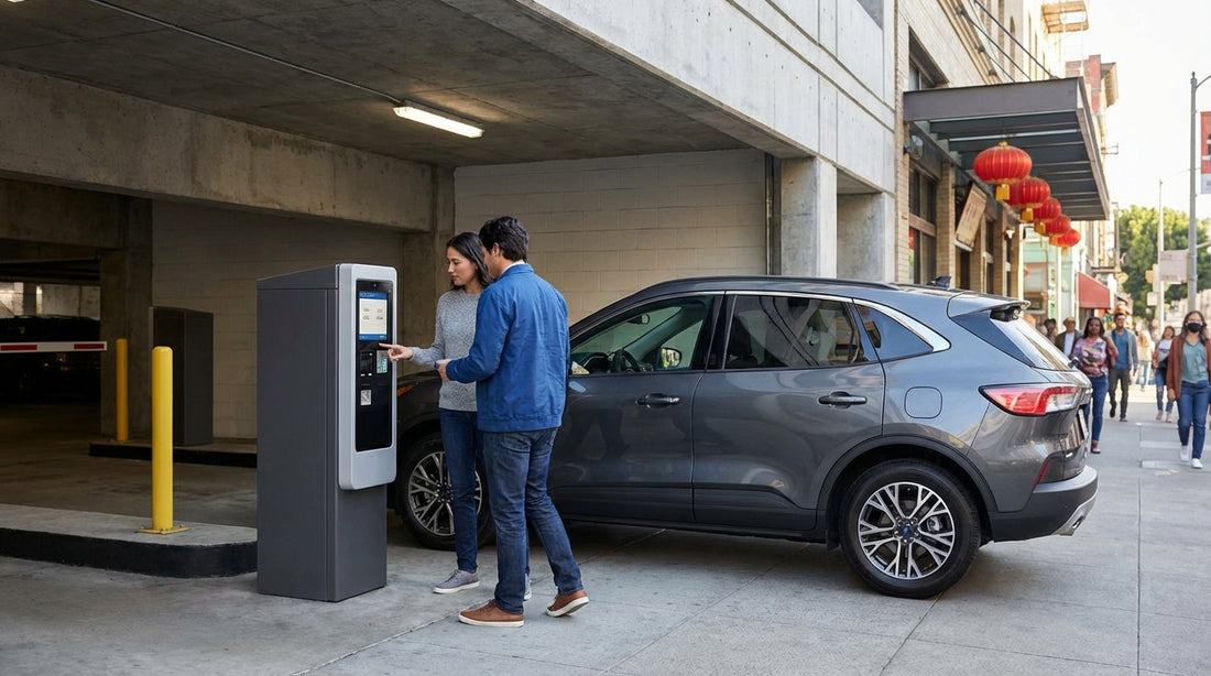 A car hire driving through San Francisco's Chinatown on a street decorated with traditional red lanterns