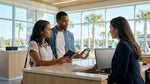 A person shows their passport to an agent at a car rental counter in the Orlando airport