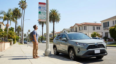 A parked car hire on a sunny Los Angeles street with a confusing street sweeping sign on a pole