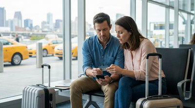A modern car hire vehicle driving on a busy New York street alongside yellow cabs and towering skyscrapers