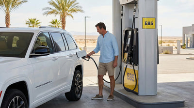 A person refueling a car hire with an E85 fuel pump at a gas station in Las Vegas