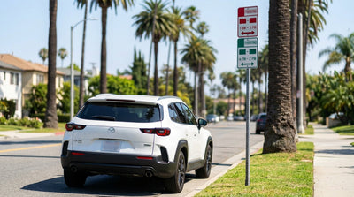 A person with a car hire looks confused by a complicated parking sign on a sunny street in Los Angeles