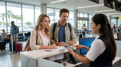 A traveler discusses their car hire with an agent at a counter in the San Francisco airport