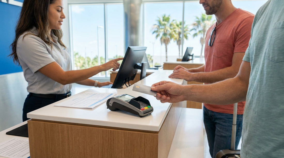 A couple stands beside their white convertible car hire on a sunny day with palm trees in Orlando