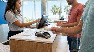 A couple stands beside their white convertible car hire on a sunny day with palm trees in Orlando