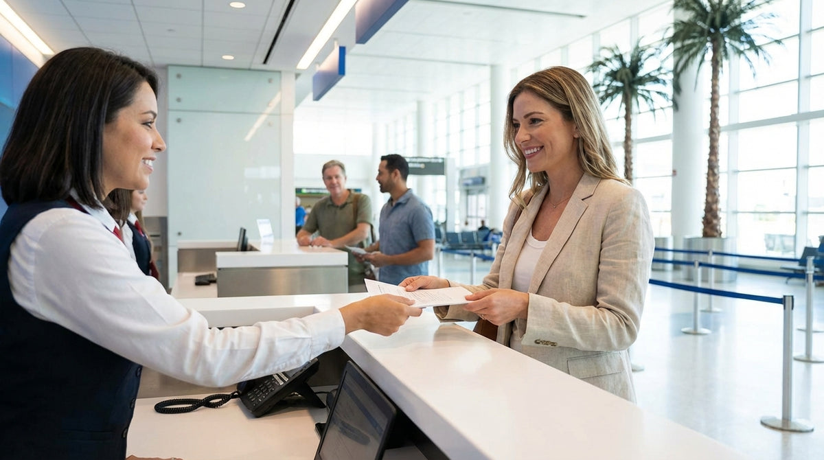 A long queue of travelers at a car rental desk inside the busy Orlando International Airport