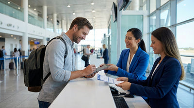 A customer reviews a contract at a car rental counter in a bright Florida airport