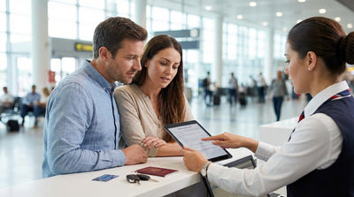 A customer at a car hire counter in the United States reviews a rental agreement before signing