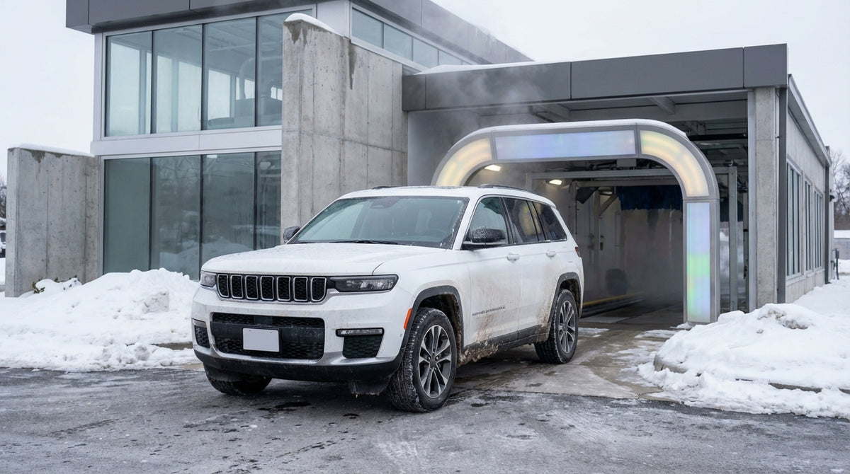 A salt-covered car hire entering an automatic car wash during a snowy winter day in Pennsylvania