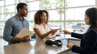A person hands their driver's license and credit card to an agent for a car hire in Texas