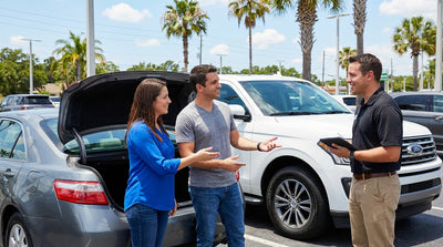 A family stands by their spacious white SUV car hire under sunny palm trees in Orlando