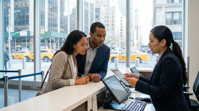 A modern car rental stands out in a line of yellow cabs on a busy street in New York City