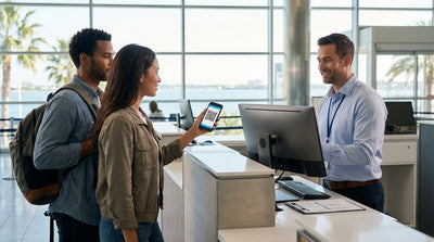 A traveler shows a mobile QR code at a car hire counter inside the San Francisco airport