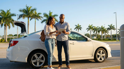 A person driving a modern car hire down a sunny, palm-lined road in Florida