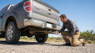 A person working on the underbody spare tire of a car rental truck on a dusty roadside in Texas