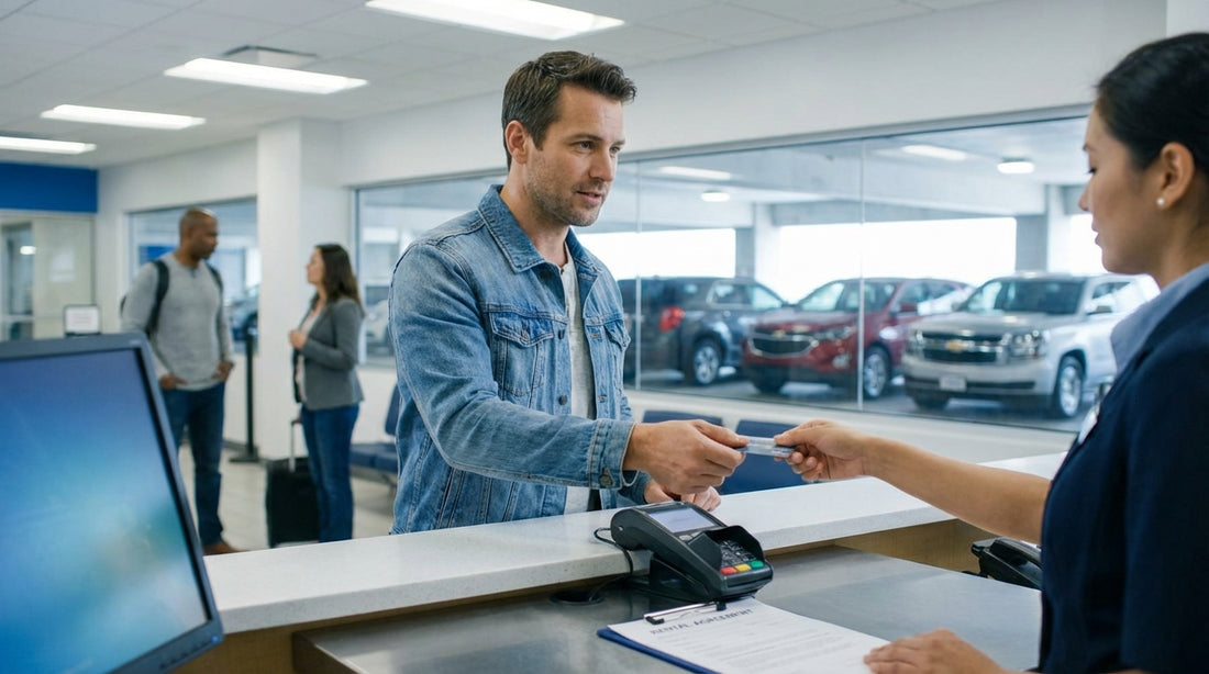A person accepts keys from an agent for their car hire at a rental counter in the United Estates