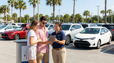 A diverse lineup of vehicles at an Orlando car hire lot under a bright, sunny sky