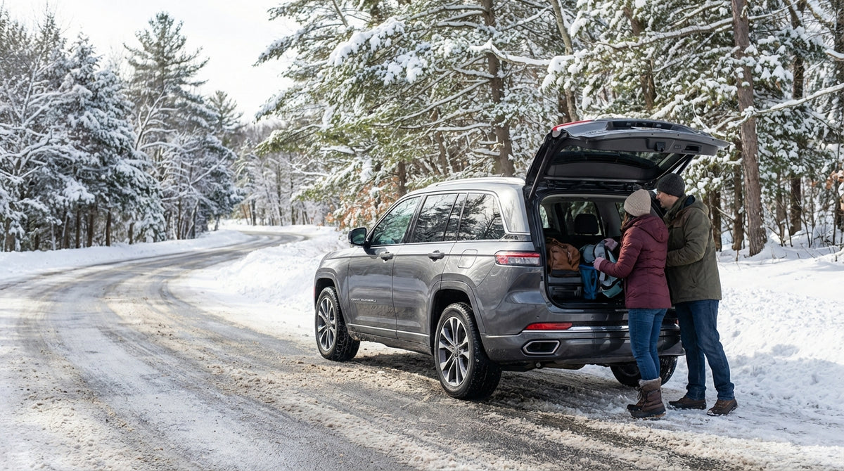 A car hire drives down a scenic, snow-covered road in the mountains of Pennsylvania