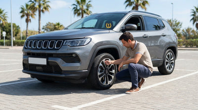 A driver inspects the tire of their car hire vehicle on a sunny roadside with palm trees in Florida