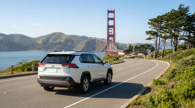 A car hire vehicle crossing the famous Golden Gate Bridge on a sunny day in San Francisco