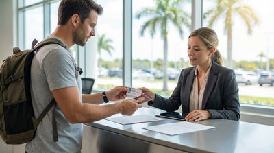 A convertible car hire driving down a sunny coastal road in Florida lined with palm trees