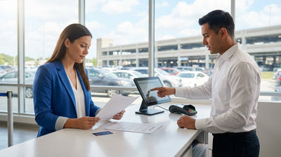A modern car hire parked on the side of a scenic highway in the United States, ready for a road trip