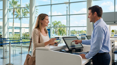 A red convertible car hire driving along a sun-drenched coastal highway with palm trees in Florida