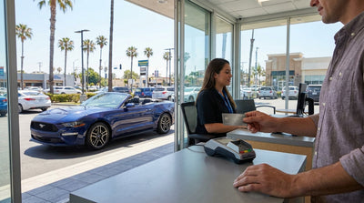 A driver holds a credit card and keys for their car hire on a sunny, palm-lined street in Los Angeles