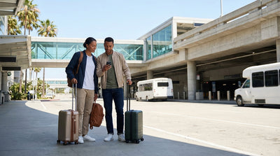 A shuttle bus for car rental services picks up passengers at the LAX airport in Los Angeles