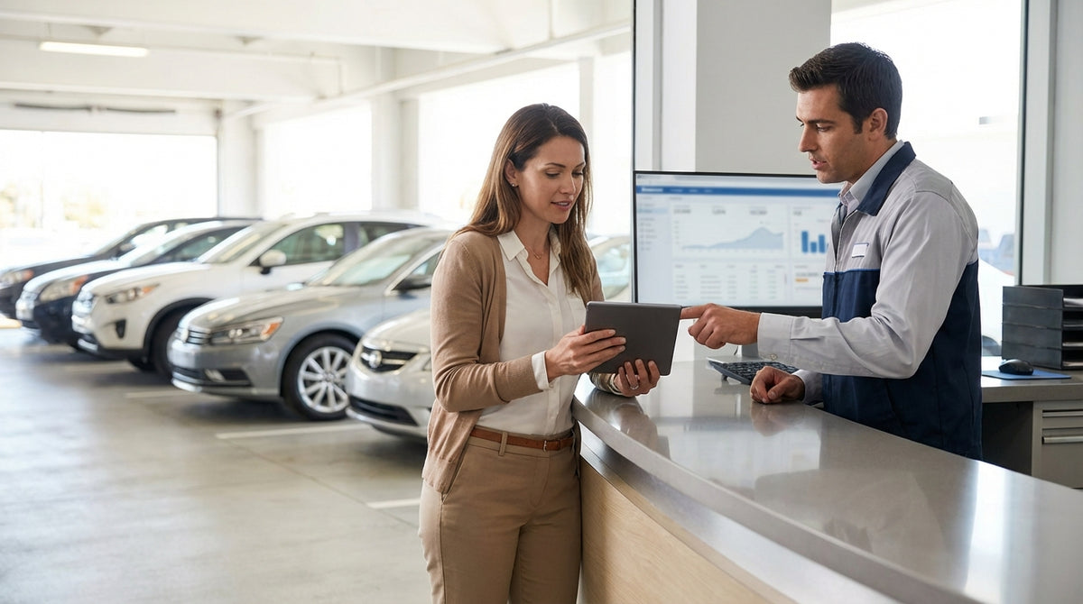 A traveler discusses their car hire options with an agent at a rental counter in the Las Vegas airport