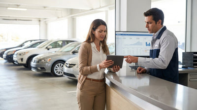 A traveler discusses their car hire options with an agent at a rental counter in the Las Vegas airport