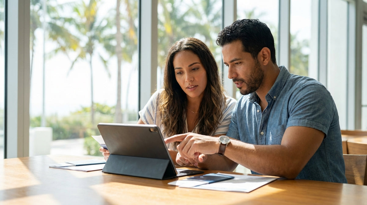 A red convertible car rental driving down a sun-drenched road lined with tall palm trees in Miami