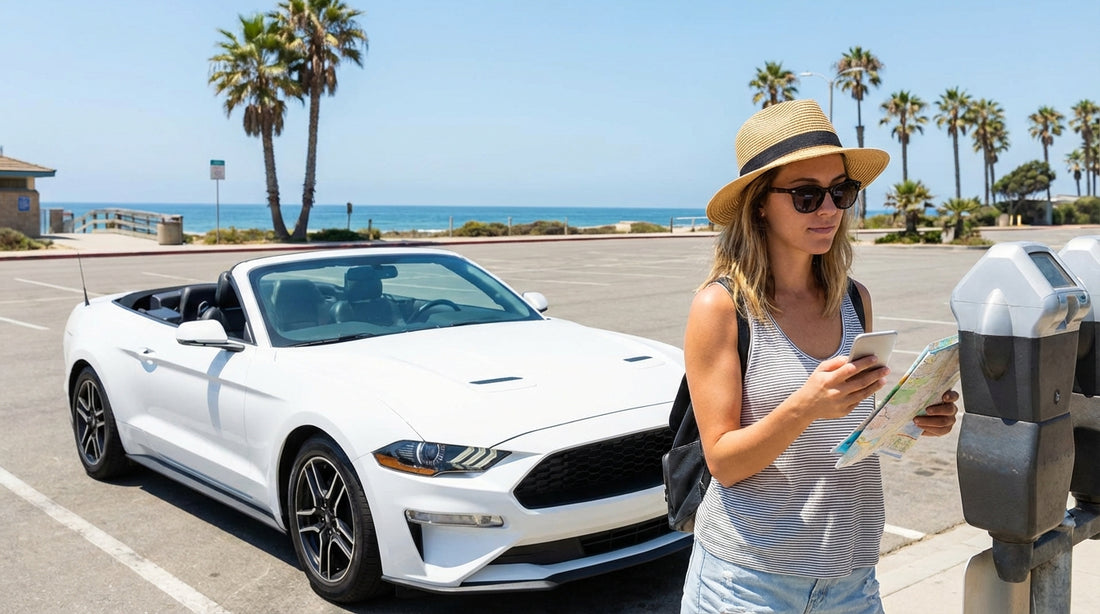 A convertible car hire drives over a scenic bridge in Miami with the turquoise ocean below