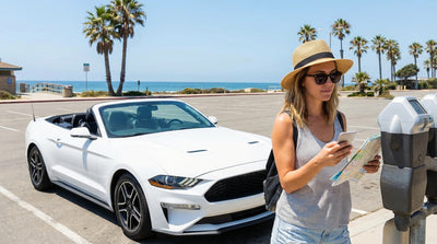 A convertible car hire drives over a scenic bridge in Miami with the turquoise ocean below