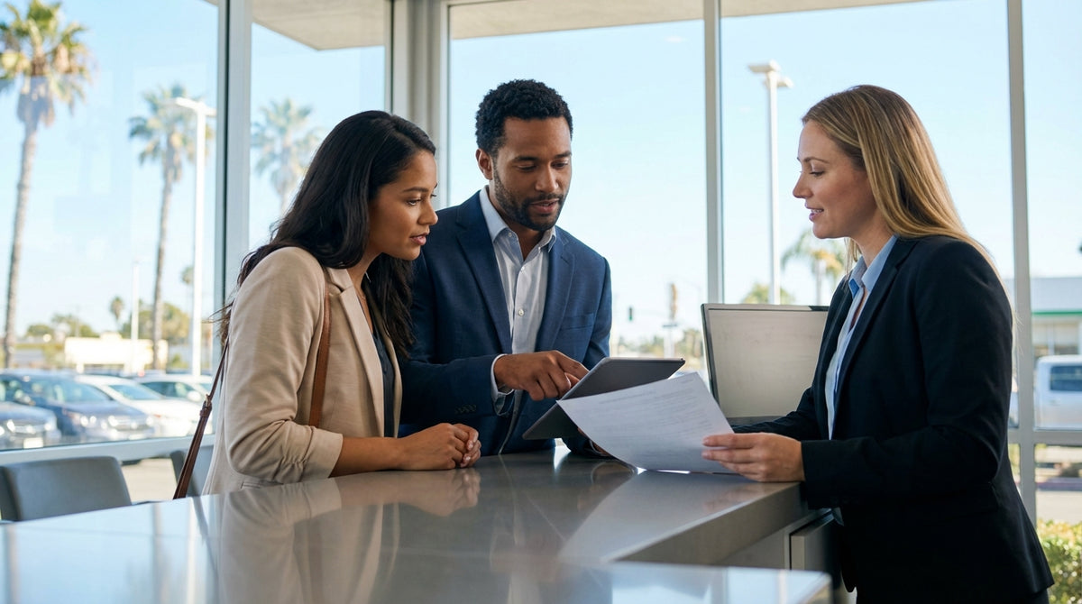A modern silver car rental parked on a scenic overlook of the California coast on a sunny day