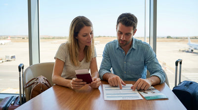 A red convertible car rental driving down a long, empty highway through the vast Texas desert landscape