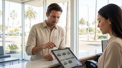 A convertible car hire drives along a sunny, winding coastal highway next to the ocean in California