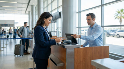 A person pays their car hire deposit with a credit card at a rental counter in the United Estates