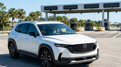 A silver SUV car hire driving down a sunny Florida highway lined with lush green palm trees