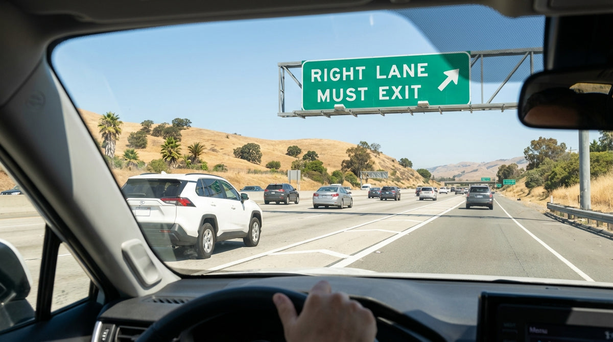 View from a car hire on a sunny California freeway showing multiple lanes of traffic and a highway exit sign