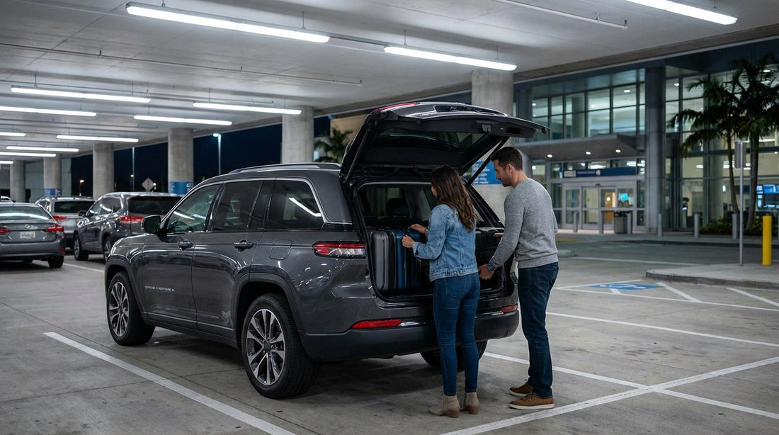 A row of vehicles in a brightly lit car hire garage at the Orlando airport late at night