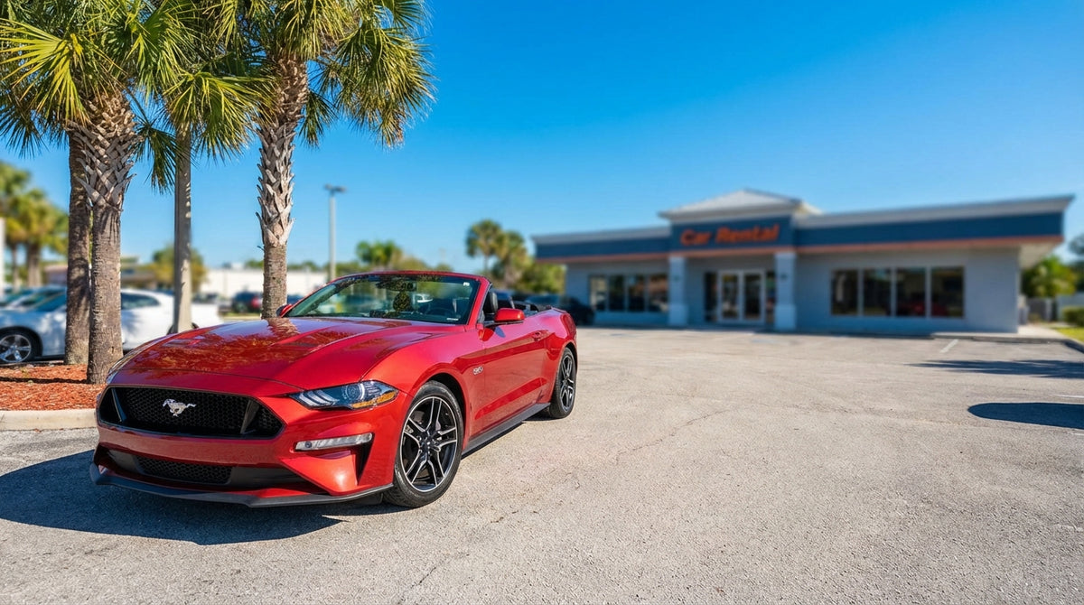 A convertible car rental on a scenic coastal drive with palm trees in sunny Florida