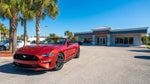 A convertible car rental on a scenic coastal drive with palm trees in sunny Florida