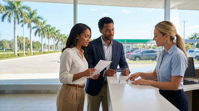 A red convertible for car hire drives down a sunny, palm-tree-lined coastal highway in Florida