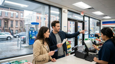 A person fills up their car rental at a gas station pump in New York