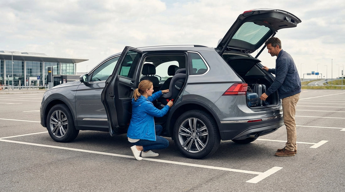 A person installs a child car seat in a New York car hire vehicle parked on a city street
