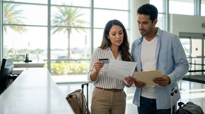 A person's hands holding the registration and insurance papers for their car rental at an Orlando airport lot