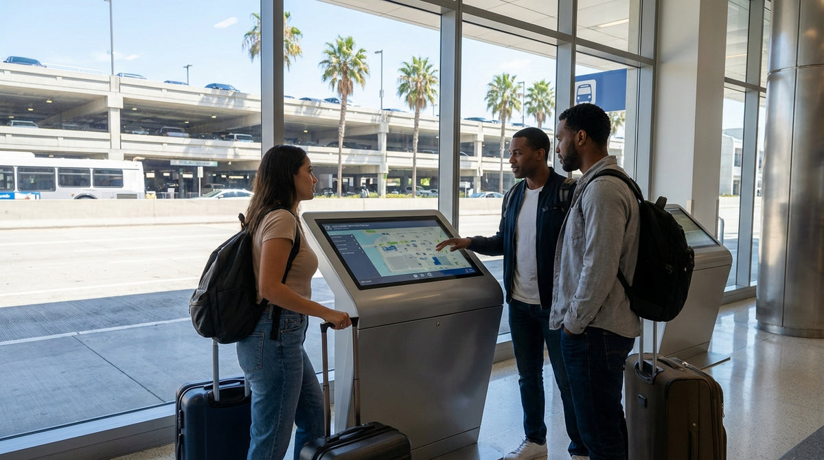 A sunny car rental lot at the Los Angeles airport with a row of clean cars and palm trees