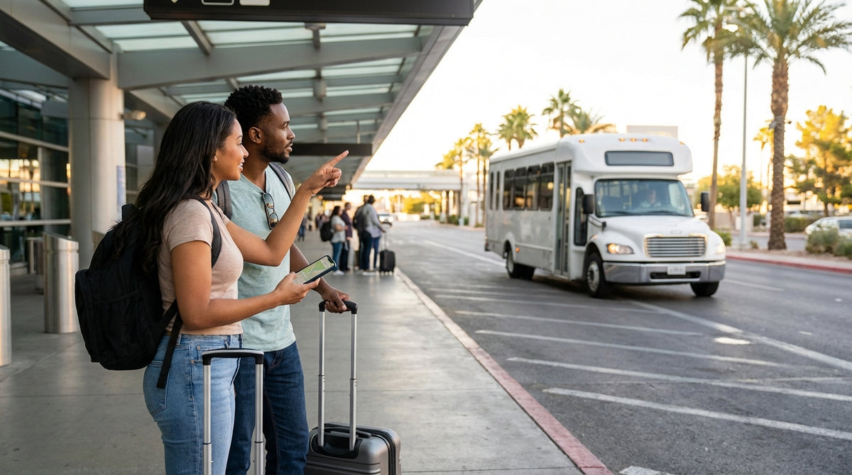 A white car hire shuttle bus waits for passengers at a designated pickup zone at Las Vegas Airport